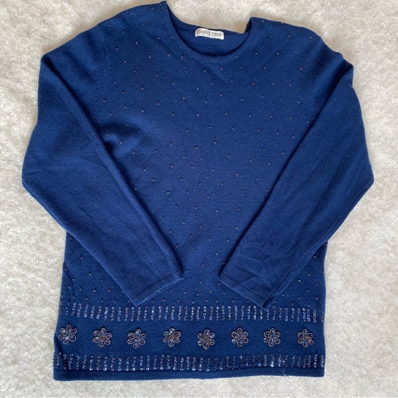 Vtg Christina Navy Polka Dot Floral Beaded Wool Sweater Grandmacore Womens Sz M - Picture 2 of 12